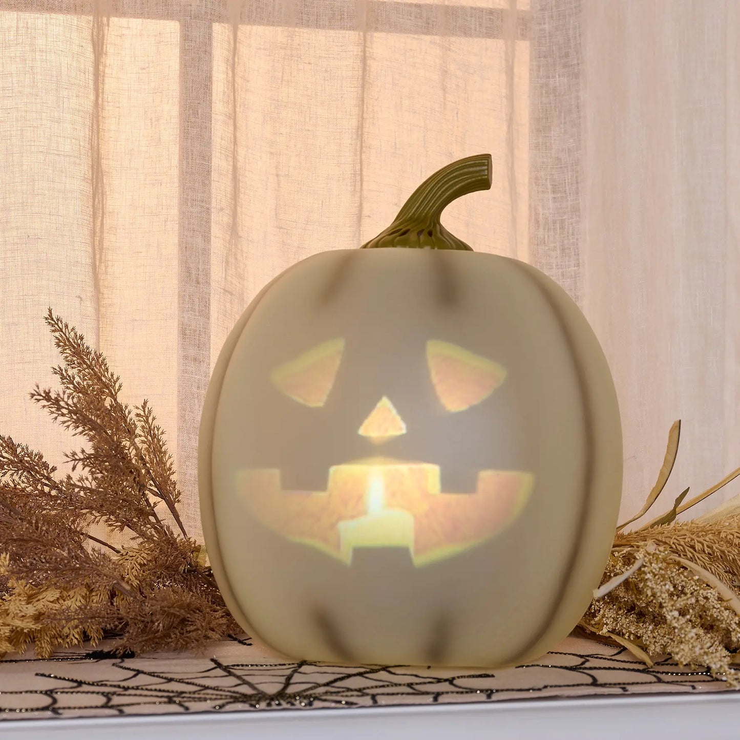 Lumenjack Animated Talking Pumpkin in White styled on a mantel