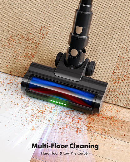 Volara Cordless Stick Vacuum LED brush head on hard floor and carpet