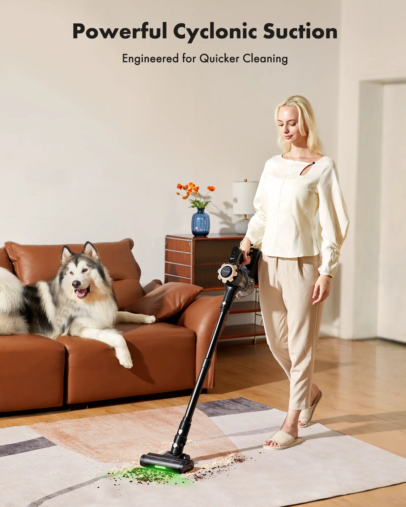 Volara Cordless Stick Vacuum picking up pet hair on a rug