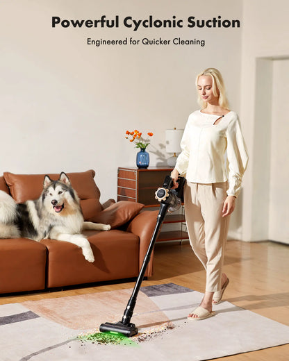 Volara Cordless Stick Vacuum picking up pet hair on a rug