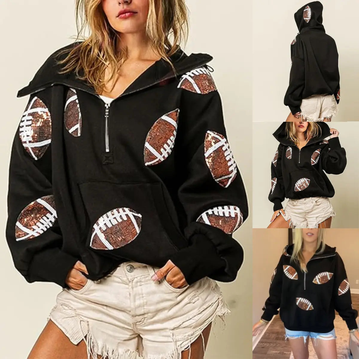 Kickoff Sequin Half-Zip Hoodie black