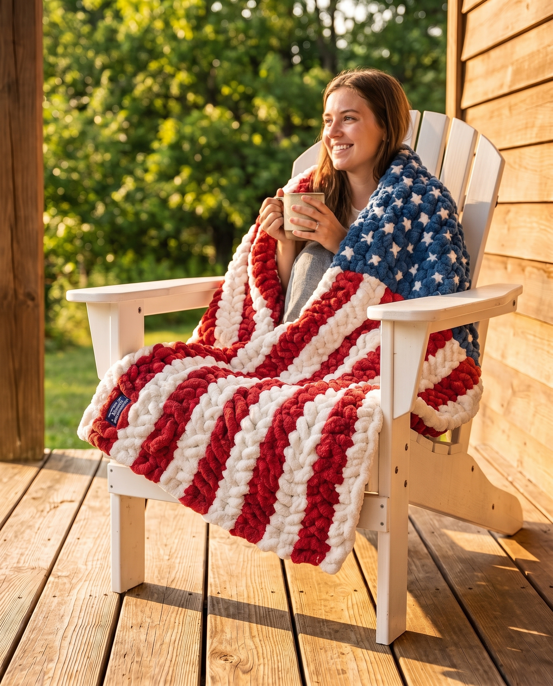 Woman wrapped in plush flag blanket on porch chair