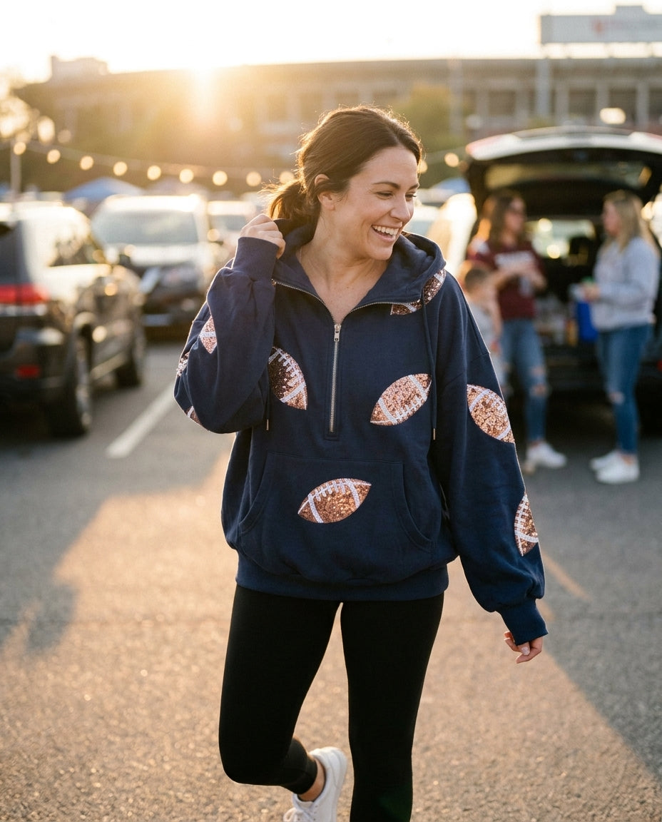 Kickoff Sequin Half-Zip Hoodie game day lifestyle
